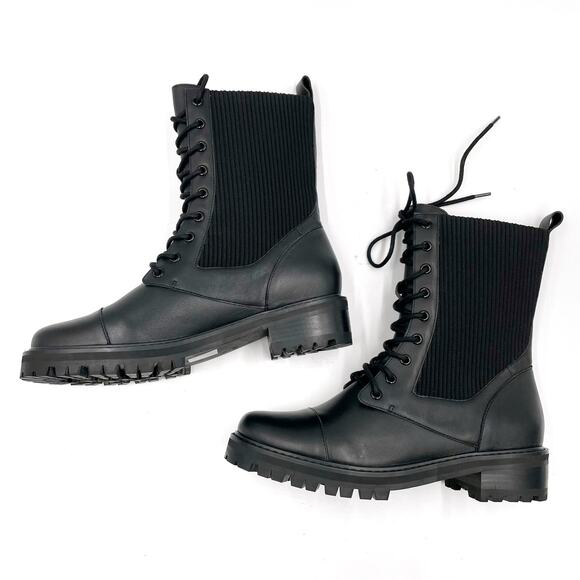 Raye Zu Boot Black Leather Upper Lug Combat Knit Gussets Lace-Up Sz 10 - Picture 6 of 11